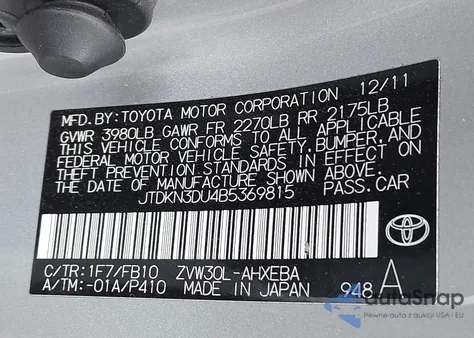 2011 Toyota Prius Three from USA, damaged, VIN JTDKN3DU4B5369815